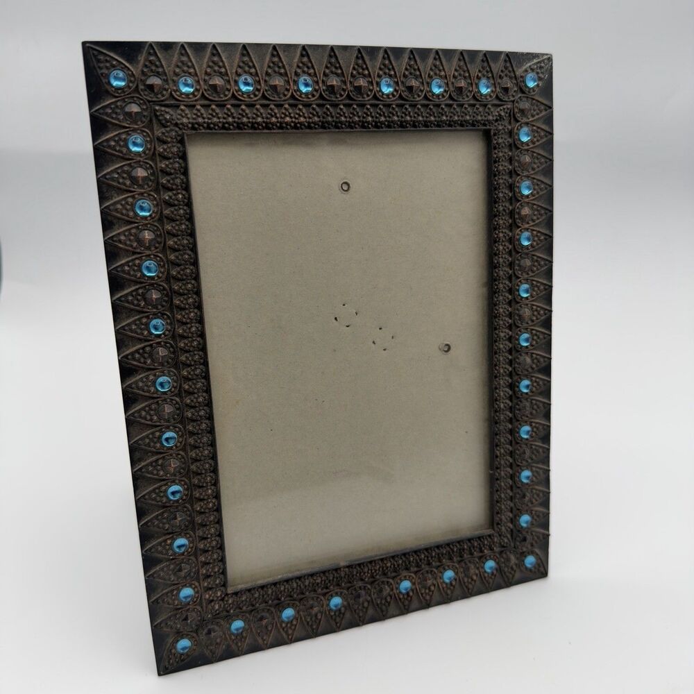 Burnes Of Boston Brown & Turquoise Blue Metal Picture Frame Y2K Bling Vintage
